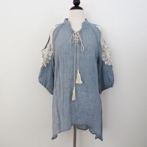 Chambray Cold Shoulder Lace Tunic/Top